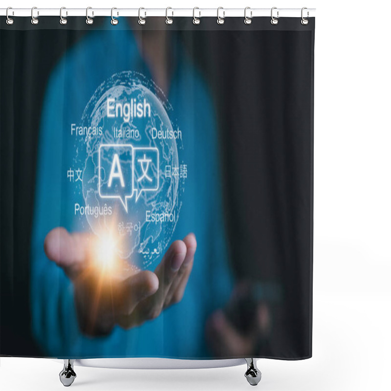 Personality  Multilingual Language Translation Technology Concept. A Person Holding Holographic Globe With Speech Bubbles And Various Languages, Represents Global Language Translate And Multilingual Communication. Shower Curtains