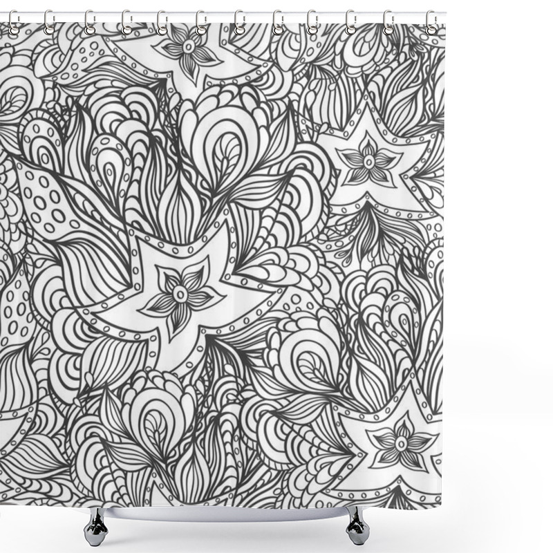 Personality  Seamless Pattern With Doodle Starfishes And Seaweeds In Black White For Coloring Page Shower Curtains