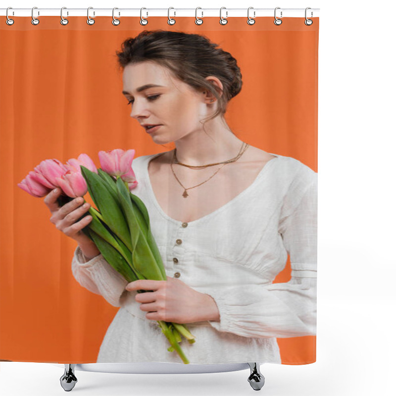 Personality  Bouquet Of Flowers, Young Woman In White Sun Dress Holding Tulips And Standing On Orange Background, Stylish Posing, Lady In White, Vibrant Background, Fashion, Summer  Shower Curtains