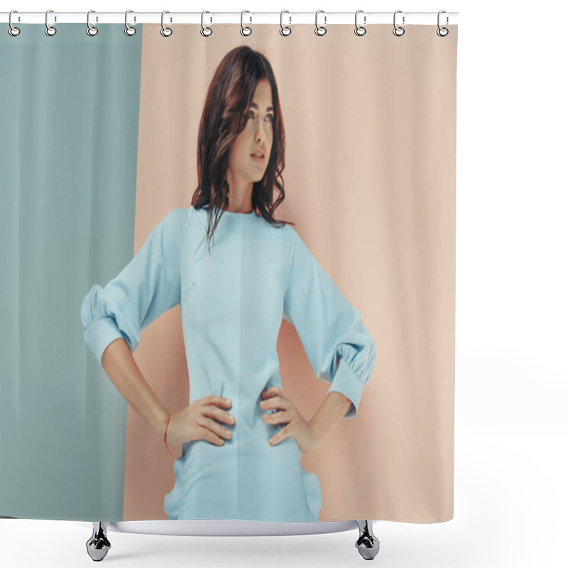 Personality  Woman In Fashionable Turquoise Dress Shower Curtains