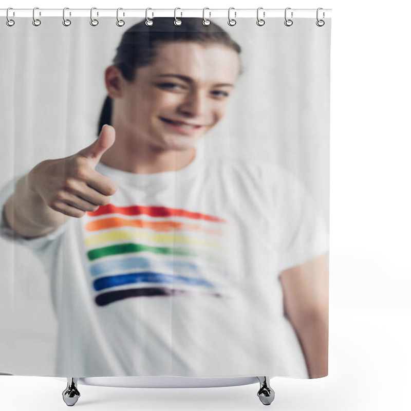 Personality  Young Transgender Woman In White T-shirt With Pride Flag Showing Thumb Up In Front Of White Brick Wall Shower Curtains