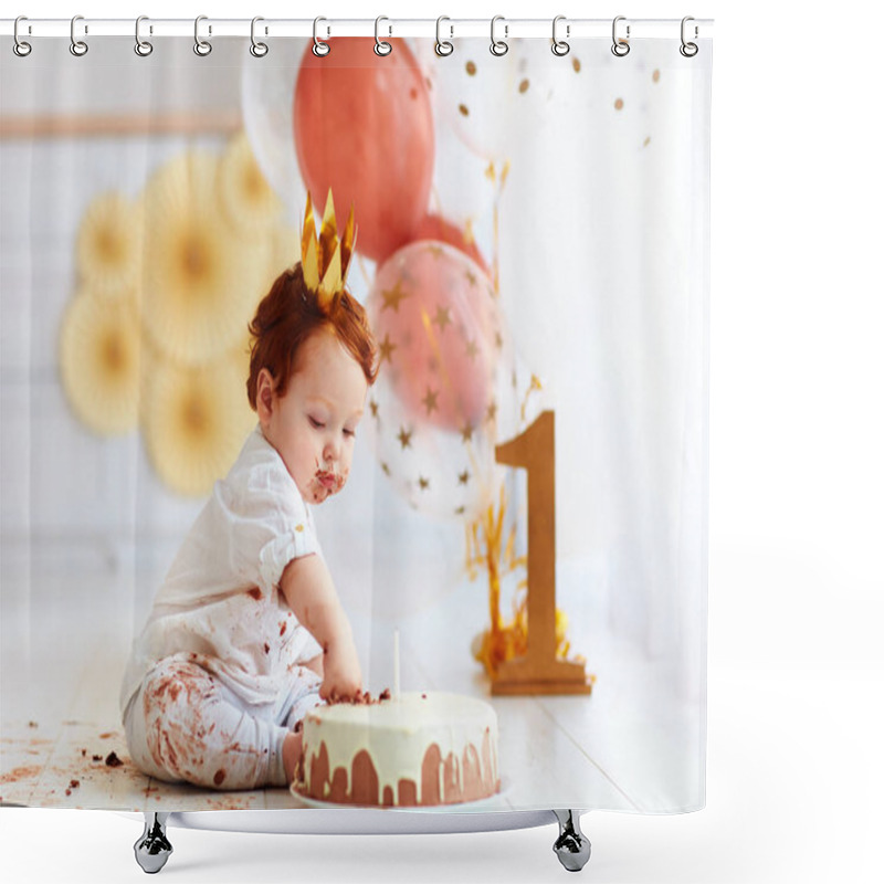 Personality  Curious Funny Baby Boy Poking Finger In His First Birthday Cake Shower Curtains