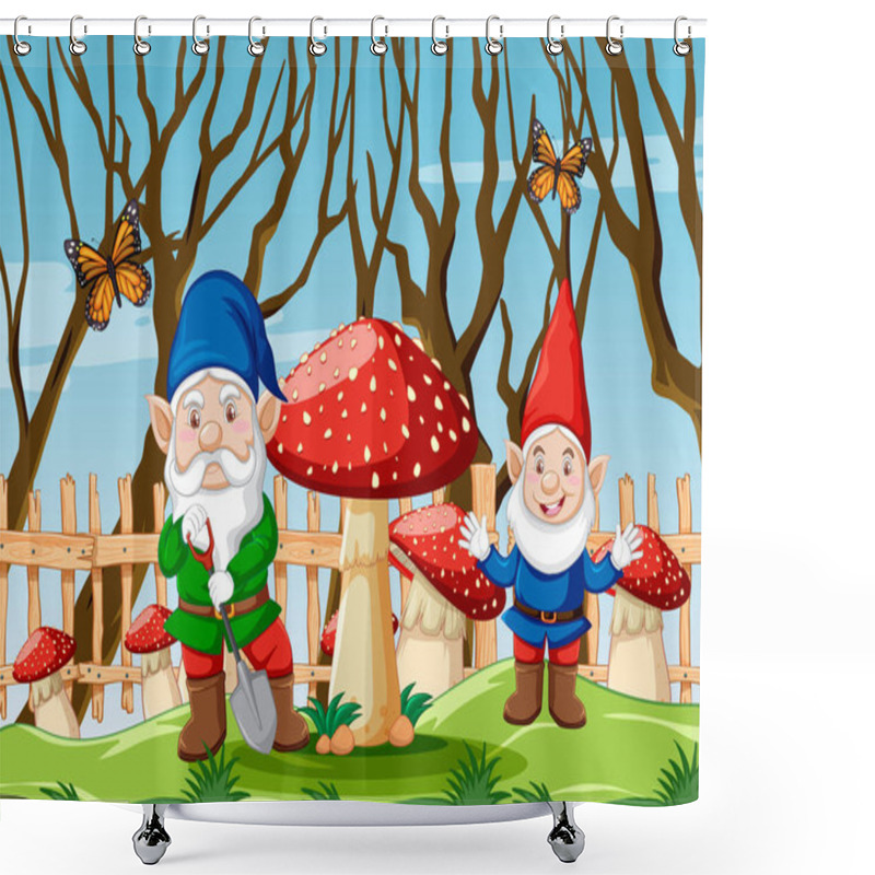 Personality  Gnome With Mushroom And Butterfly In The Garden Cartoon Style Scene Illustration Shower Curtains