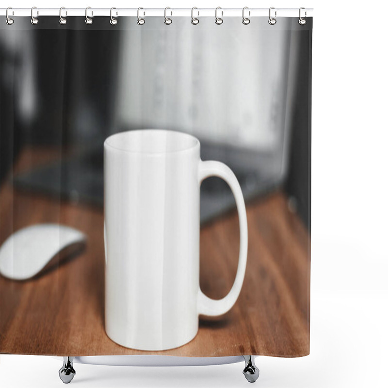 Personality  White Mug On The Wooden Table. Office Workspace Background Shower Curtains