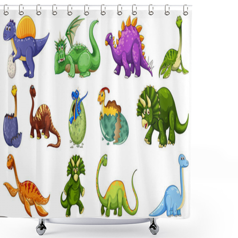 Personality  Set Of Different Dinosaur Cartoon Character Isolated On White Background Illustration Shower Curtains