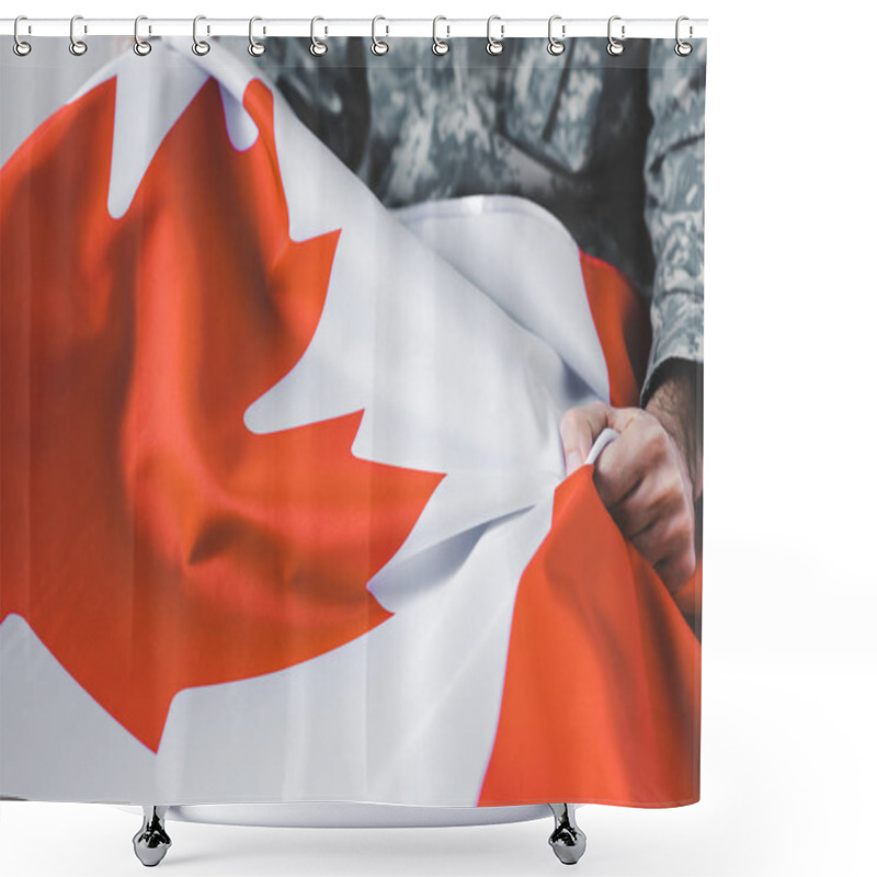 Personality  Selective Focus Of Man In Military Uniform Holding Canada National Flag Shower Curtains