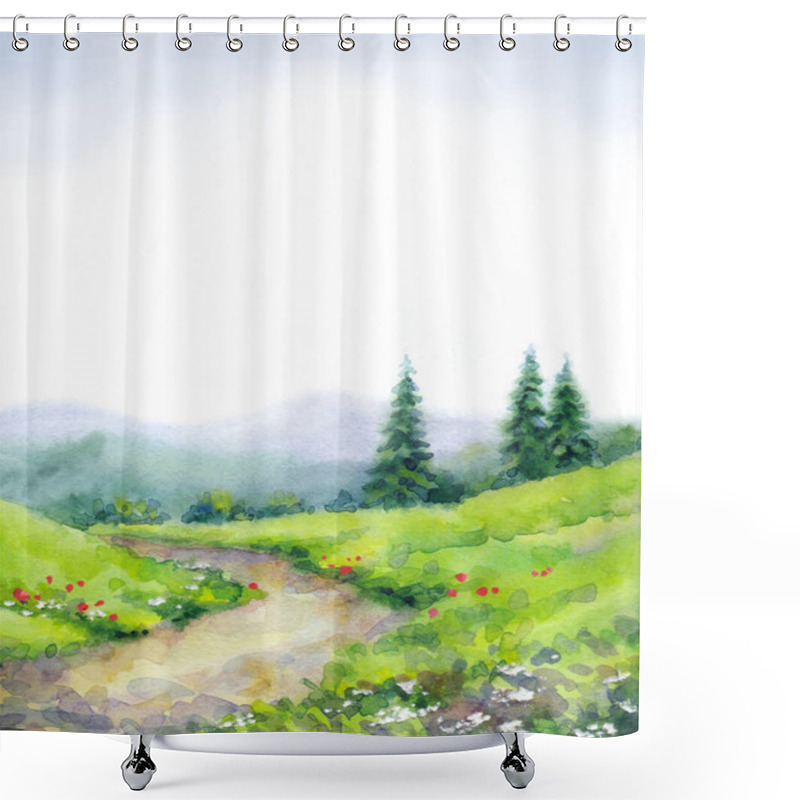 Personality  Hand Drawn Bright Watercolour Paint Sketch On Paper Backdrop. Space For Text On Scenic Blue Color Heaven View. Quiet Rustic Taiga Mow Day. Artwork Mount Fall Scene. Green Wild Pine On Glade Track Way Shower Curtains