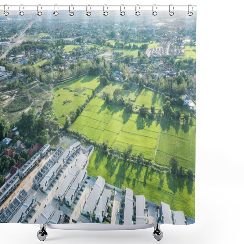 Personality  Land Or Landscape Of Green Field In Aerial View. Include Agriculture Farm, House Building, Village. That Real Estate Or Property. Plot Of Land For Housing Subdivision, Development, Sale Or Investment. Shower Curtains