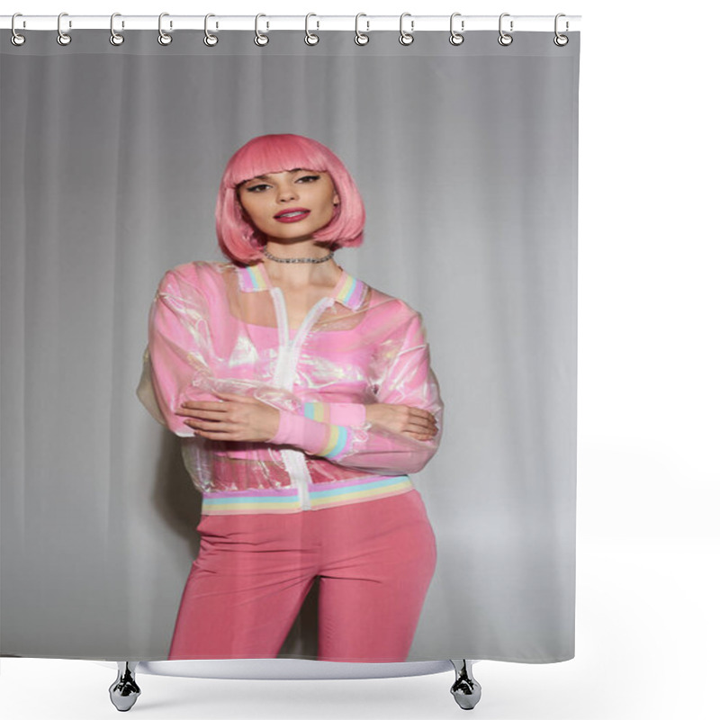 Personality  A Woman With Pink Hair Wears A Vibrant Pink Outfit, Including A Sheer, Rainbow-trimmed Jacket. Shower Curtains