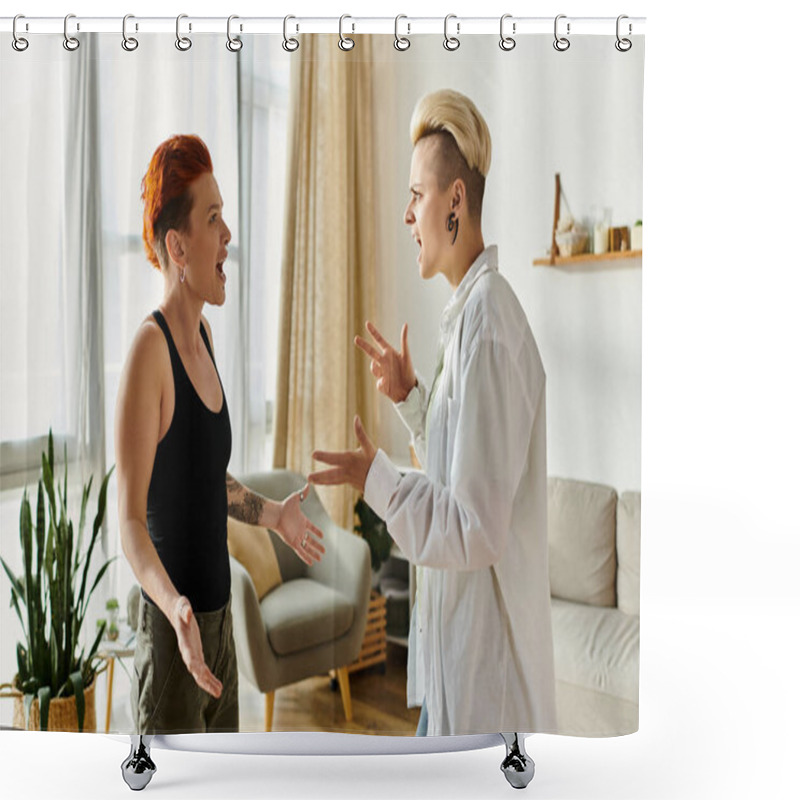 Personality  Two Women With Short Hair Engaged In Emotional Conversation In A Cozy Living Room Setting. Shower Curtains