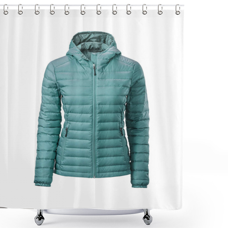 Personality  Women's Turquoise Hooded Warm Sport Puffer Jacket Isolated Over White Background. Ghost Mannequin Photography Shower Curtains