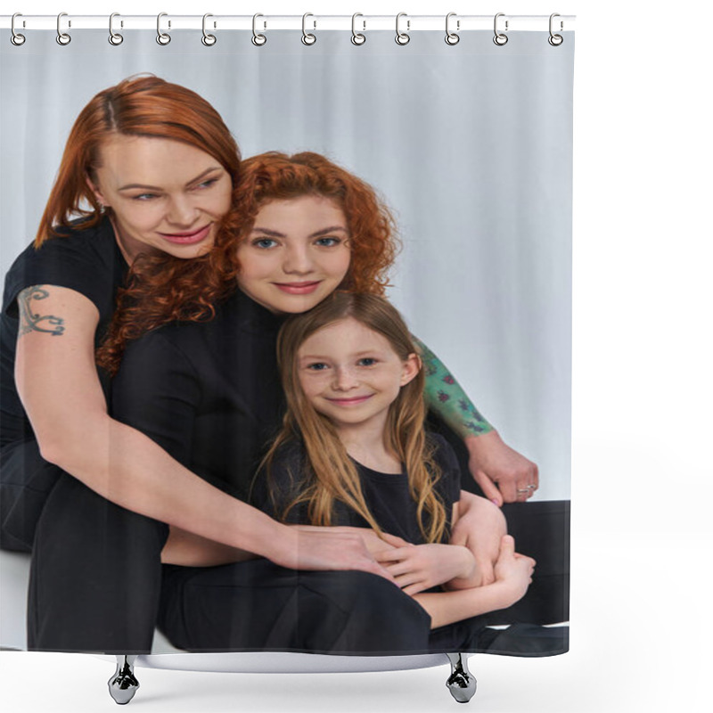 Personality  Three Generations Concept, Positive Redhead Family In Matching Outfits Hugging On Grey Backdrop Shower Curtains