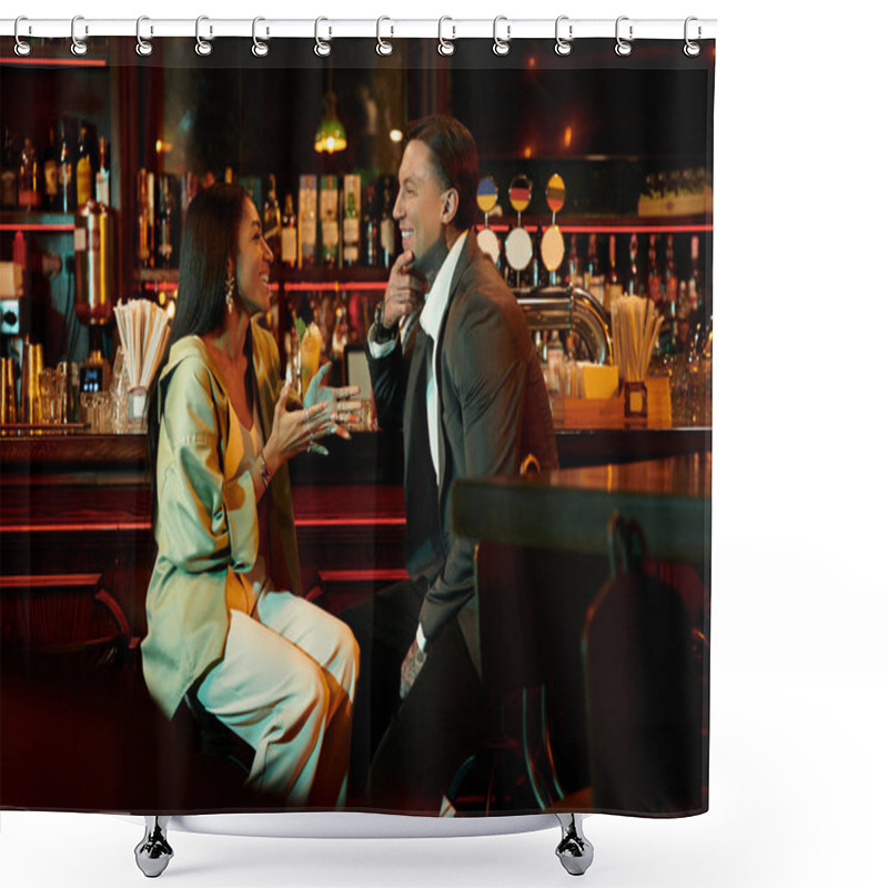 Personality  A Multicultural Couple Shares Laughter And Drinks At A Vibrant Bar On A Night Out. Shower Curtains