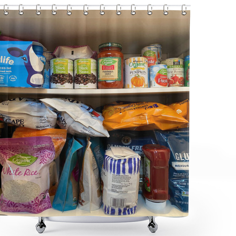 Personality  WOODBRIDGE, NEW JERSEY / USA - March 13, 2020: Dried And Shelf Stable Food Items Are Stored In A Residential Pantry, In Preparation For Potential Coronavirus Quarantine In This Illustrative Editorial Image. Shower Curtains