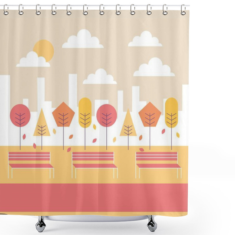 Personality  Autumn Landscape Park Bench Tree Falling Leaves City Background Shower Curtains