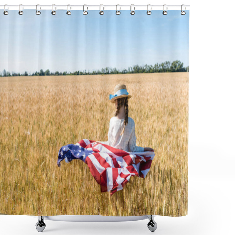 Personality  Back View Of Kid In Straw Hat Holding American Flag In Golden Field In Summertime  Shower Curtains