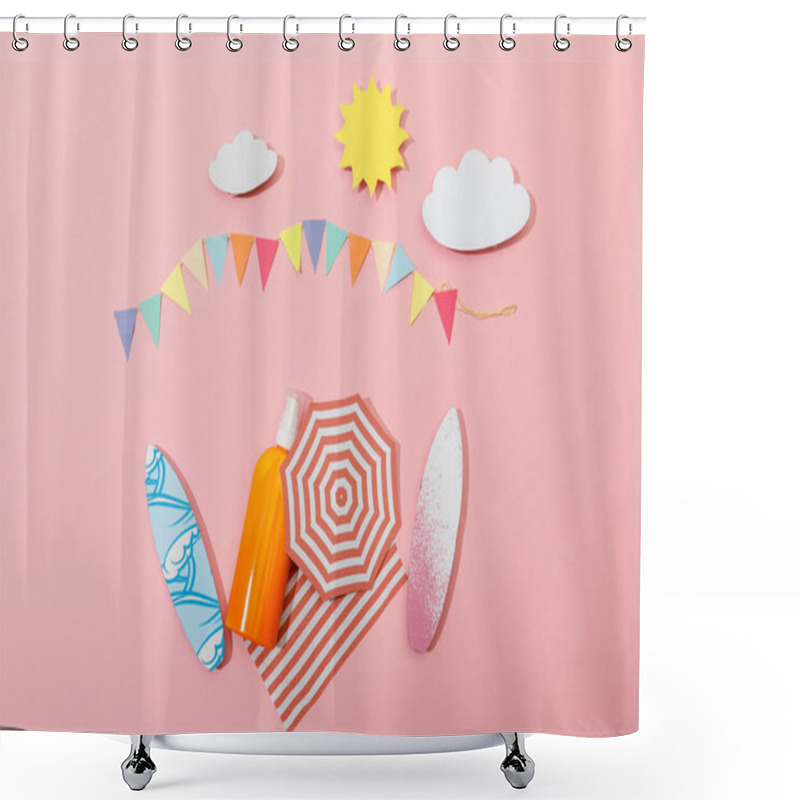 Personality  Top View Of Paper Cut Beach With Tube And Bottle Of Sunscreen On Pink  Shower Curtains