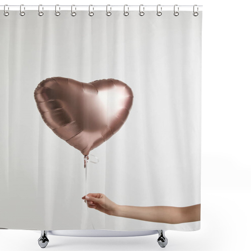 Personality  Cropped View Of Girl Holding Heart-shaped Golden Air Balloon Isolated On White Shower Curtains