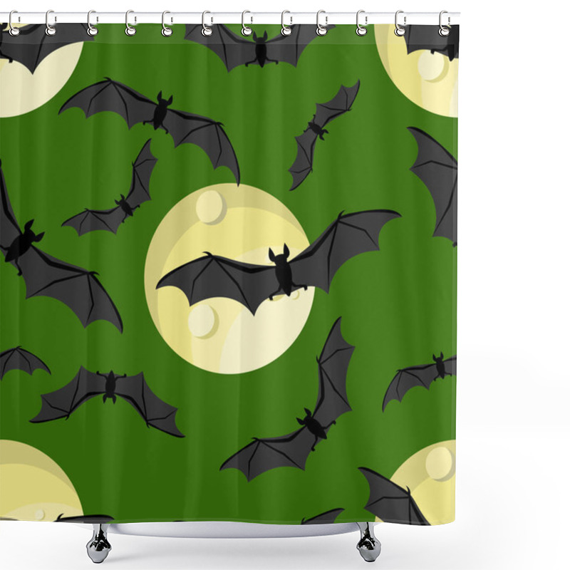 Personality  Halloween Seamless Pattern Of Flying Bats And Full Moon On Green Background. Vector Illustration. Shower Curtains