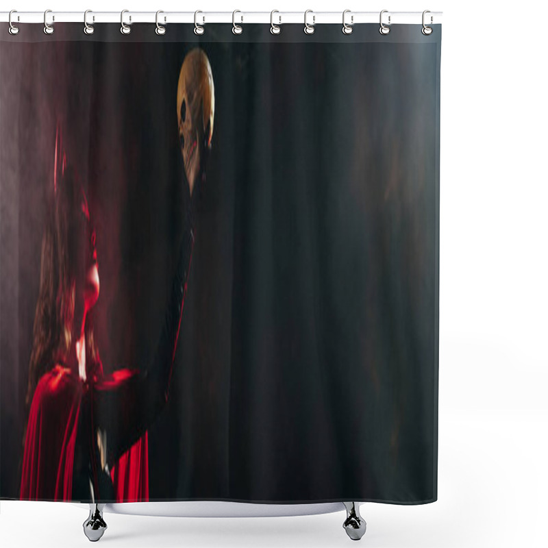 Personality  A Beautiful Woman In A Halloween Costume Holds A Skull Aloft, Surrounded By An Eerie Atmosphere. Shower Curtains