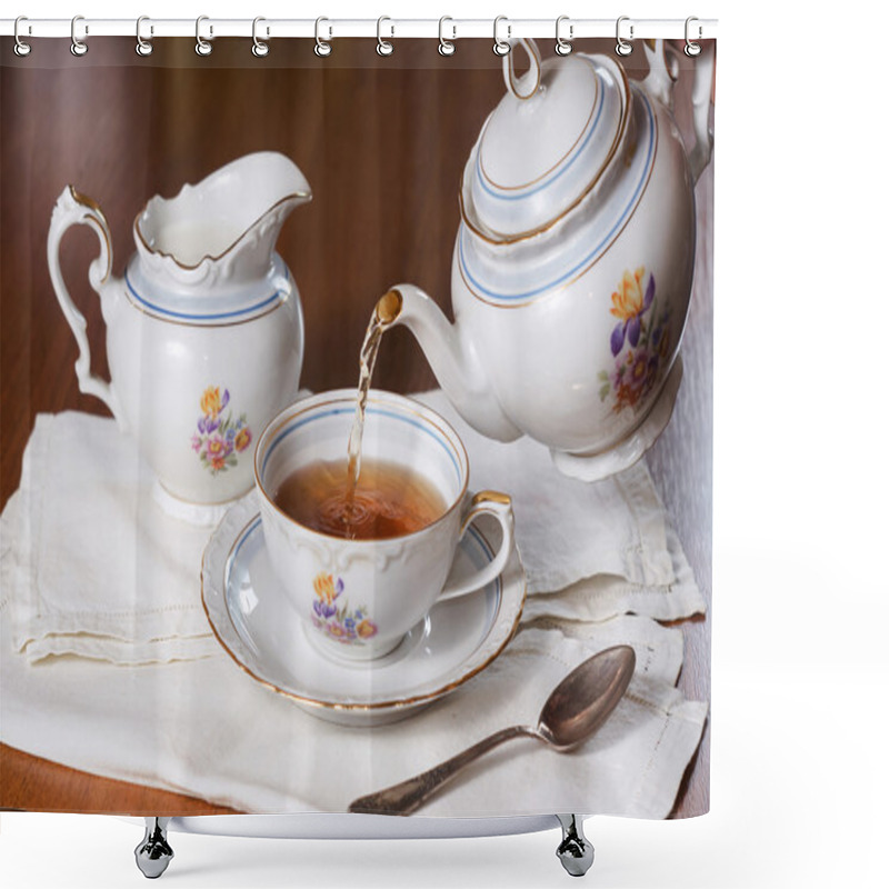 Personality  Tea Being Poured Into Cup, Tea Set On Wood Shower Curtains