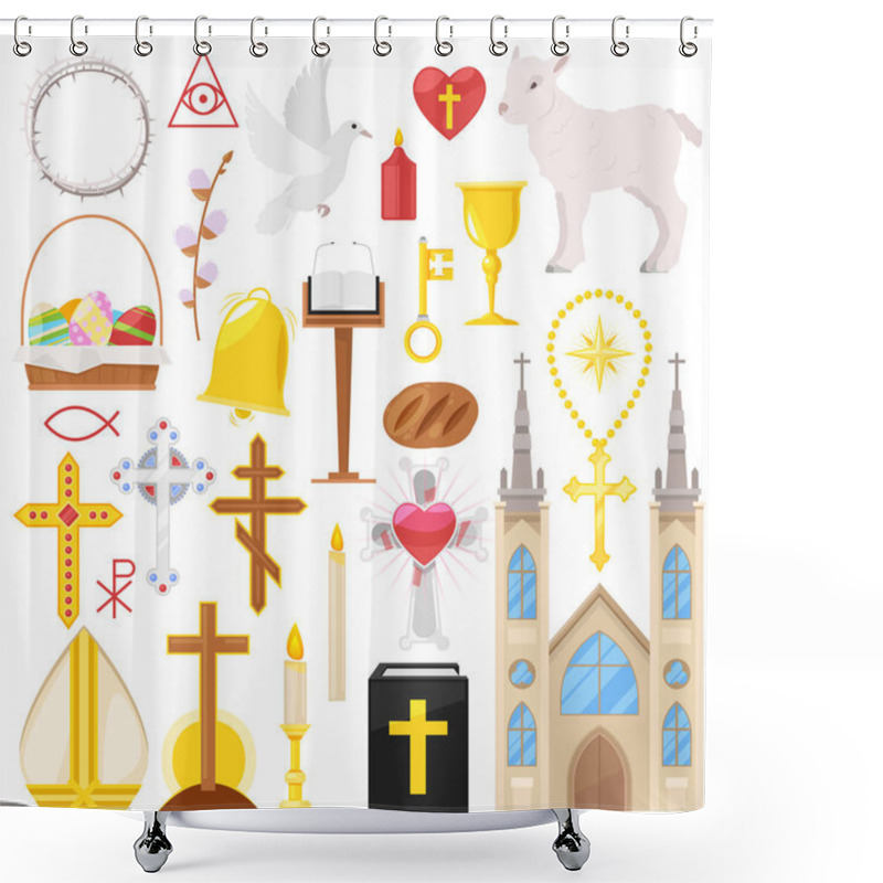 Personality  Religion Vector Catholic Church Or Cathedral And Religious Sings Of Christianity Illustration Set Of Christian Cross Or Bible With Candles Isolated On White Background Shower Curtains