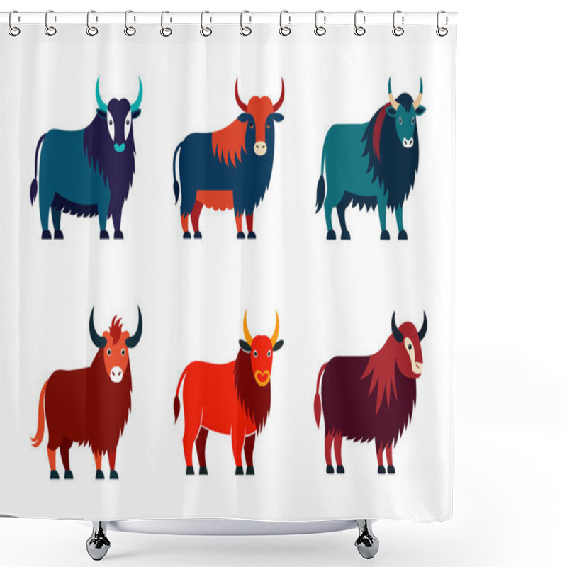 Personality  Retro Vibe Cute Yak Bundle. Collection Of Retro-inspired Illustrations Featuring Charming Yaks. Perfect For Posters, Greeting Cards, Apparel, And Nature-themed Designs. Shower Curtains