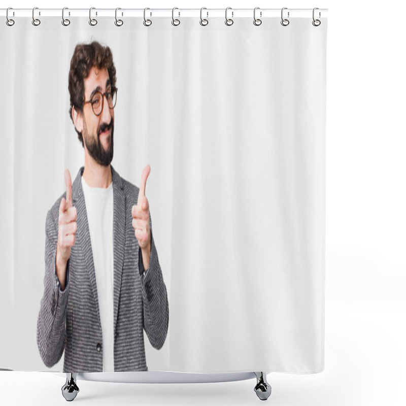 Personality  Young Crazy Businessman Smiling With A Positive, Successful, Happy Attitude Pointing To The Camera, Making Gun Sign With Hands Against Flat Wall Shower Curtains