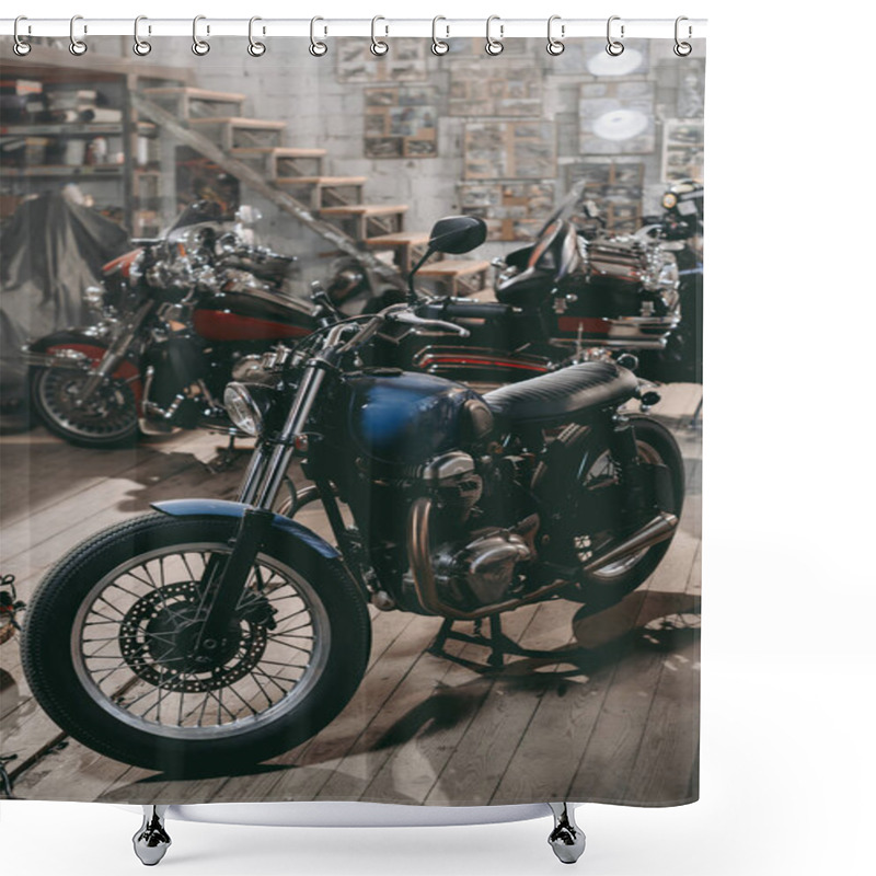 Personality  Classic Motorcycles In Workshop Shower Curtains