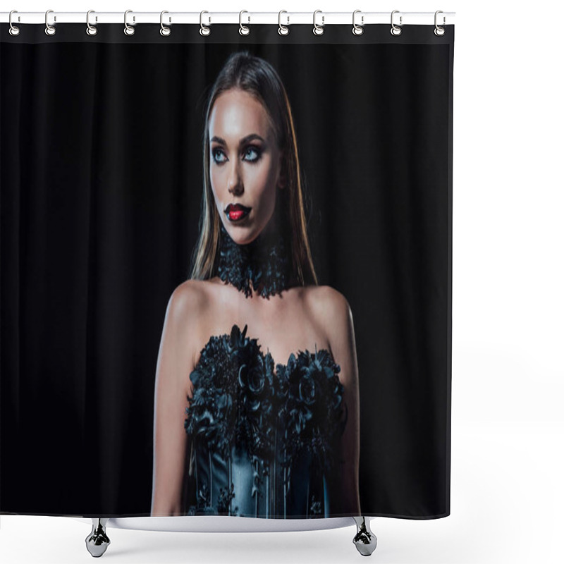 Personality  Scary Vampire Girl In Black Gothic Dress Looking Away Isolated On Black Shower Curtains