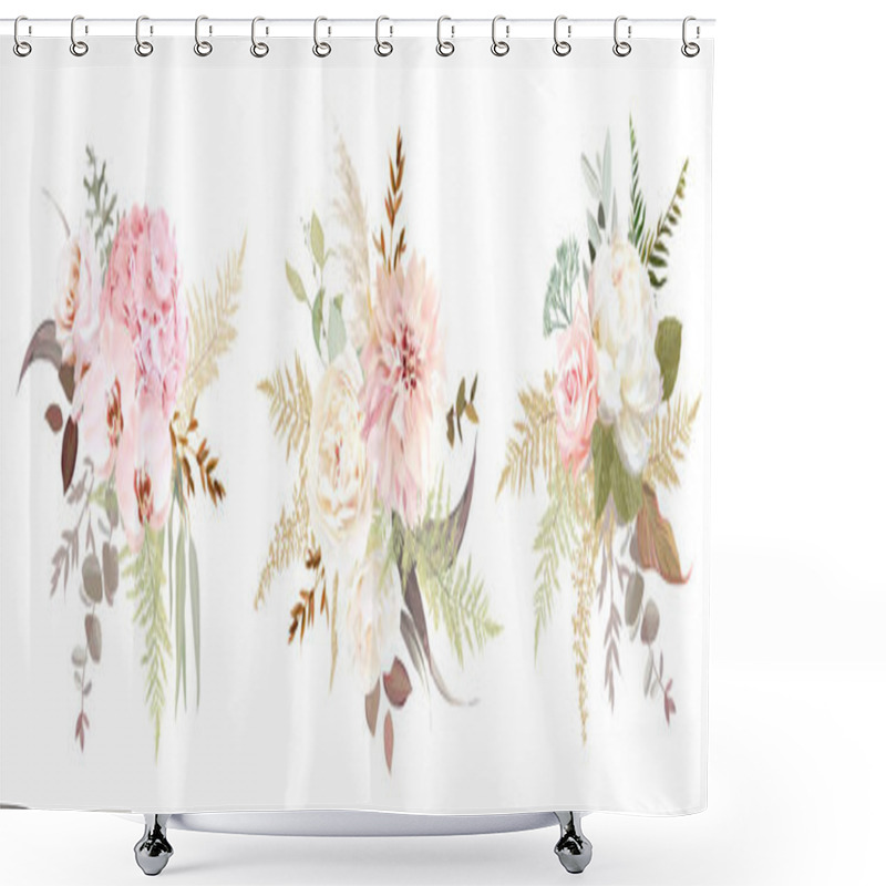 Personality  Dusty Pink And Ivory Beige Rose, Pale Hydrangea, Peony Flower, Fern, Dahlia Shower Curtains