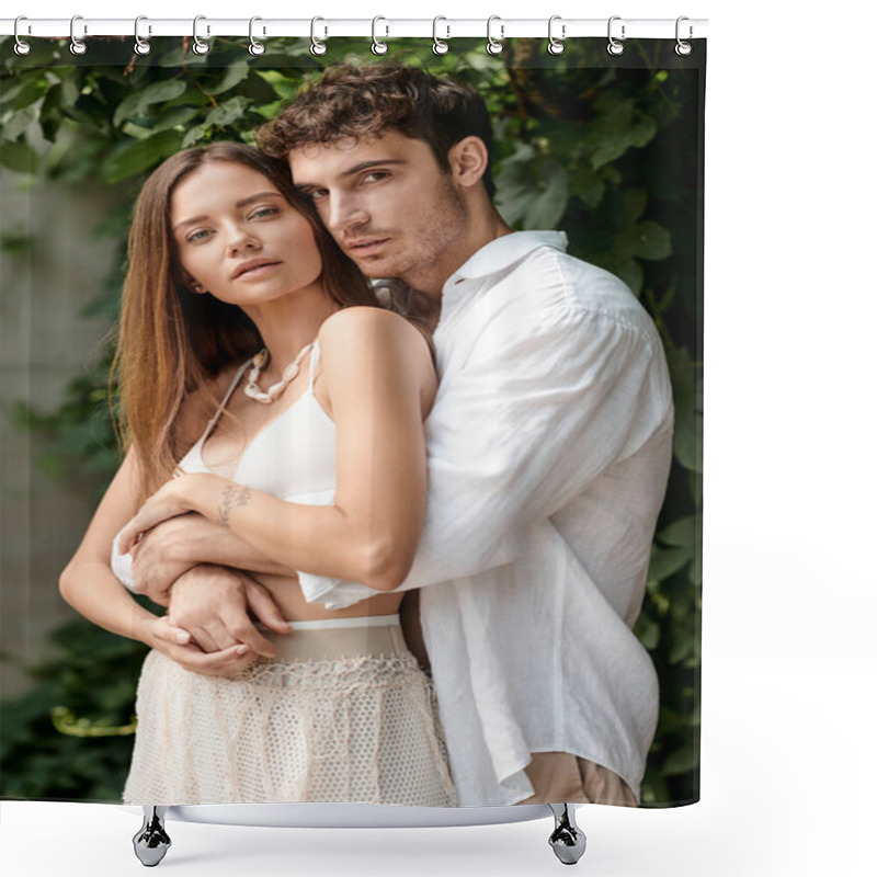 Personality  Romantic Getaway, Handsome Man Embracing Attractive Woman In White Beach Wear Near Green Foliage Shower Curtains