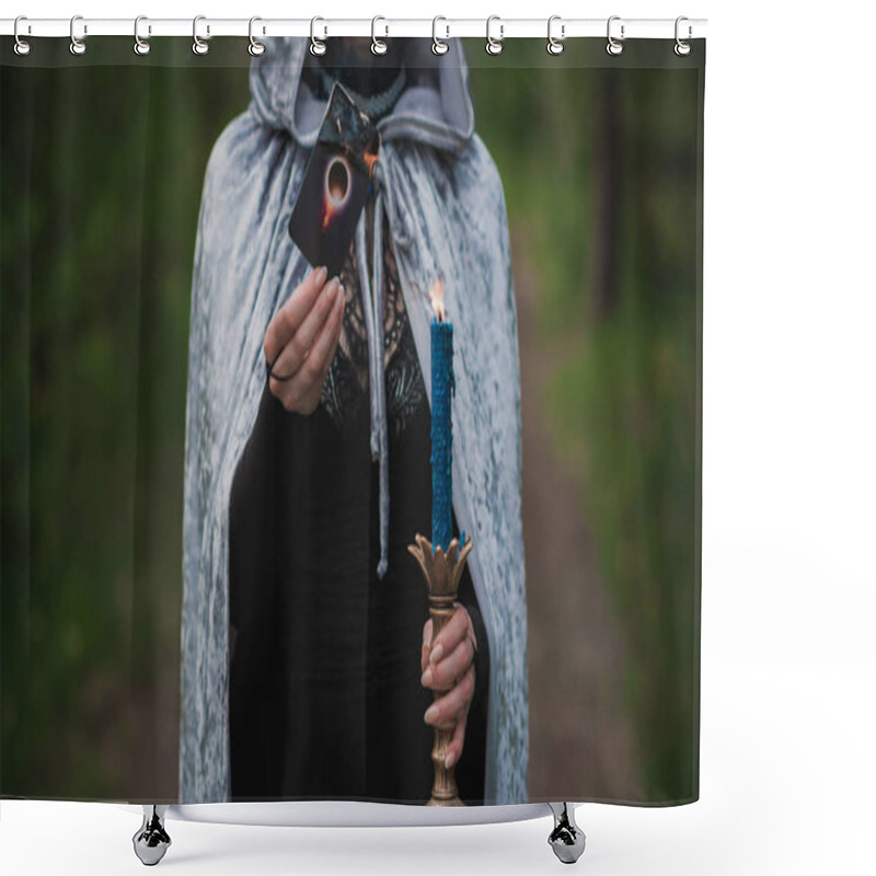 Personality  Magical Ritual With A Candle And Spell In Forest. Witchcraft And Esoteric Concept. Wicca Or Paganism Shower Curtains