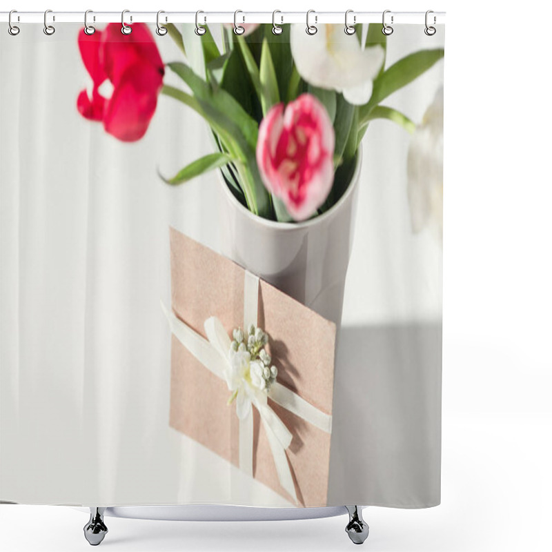 Personality  Selective Focus Of Beautiful Blooming Tulip Flowers In Vase And Envelope On Grey Shower Curtains