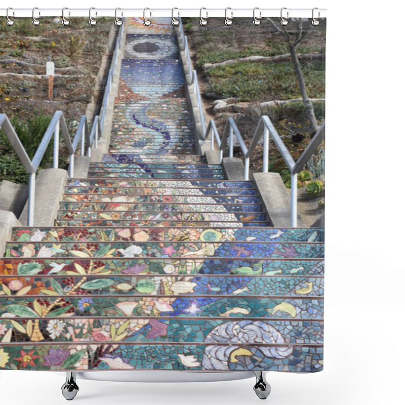 Personality  SAN FRANCISCO, CALIFORNIA - OCT 22: The 16th Avenue Tiled Steps In San Francisco, California, As Seen On Oct 22, 2018. It Was A Community Project In Golden Gate Heights To Decorate A 163 Step Stairway With Mosaic Tiles. Shower Curtains