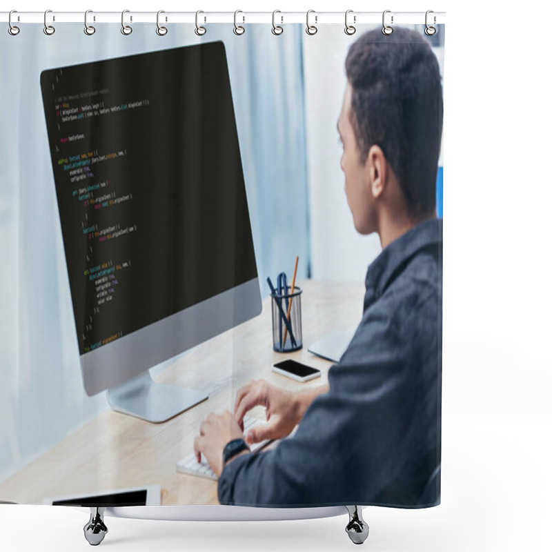 Personality  Young Businessman Using Desktop Computer With Html Code On Screen In Office  Shower Curtains