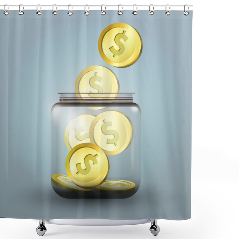 Personality  Vector Moneybox With Golden Dollar Coins Shower Curtains