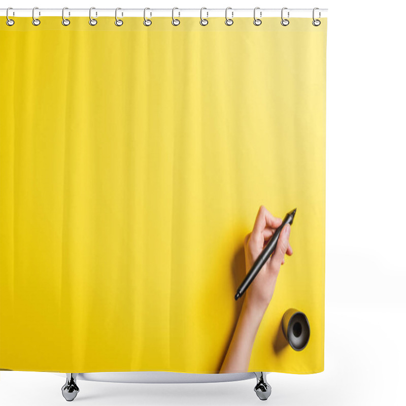 Personality  Cropped View Of Designer Holding Stylus Near Stylus Holder On Yellow  Shower Curtains