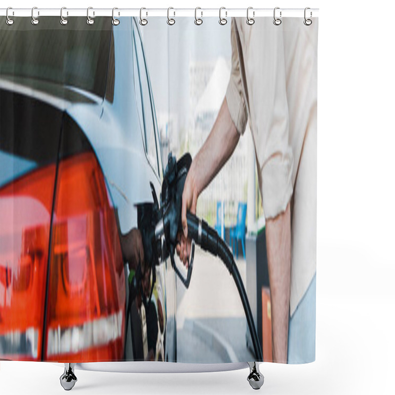 Personality  Panoramic Shot Of Man Holding Fuel Pump And Refueling Black Car Shower Curtains