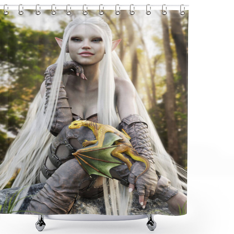 Personality  Portrait Of A Cute Fantasy Elf With Long Flowing White Hair Posing With Her Pet Golden Dragon. 3d Rendering Shower Curtains