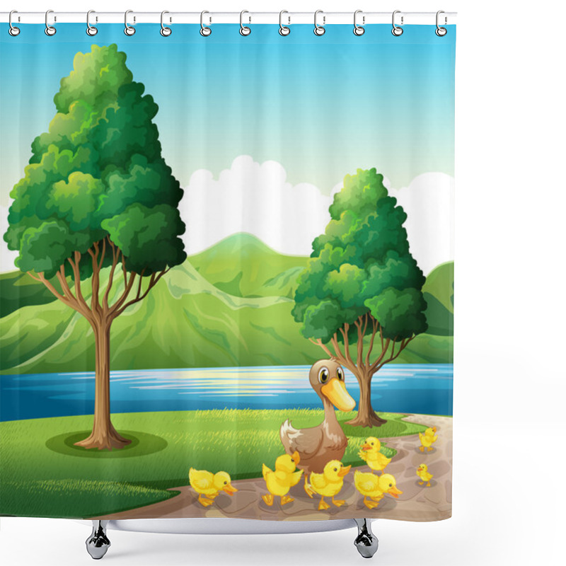 Personality  A Family Of Duck At The Riverbank Shower Curtains