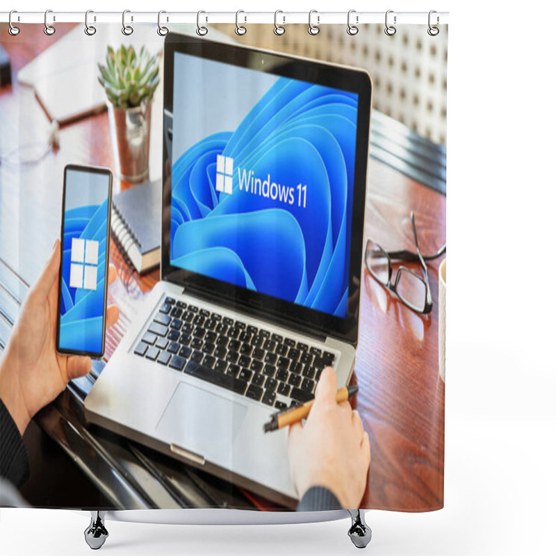 Personality  Greece Athens, July 8 2021. Man With A Laptop And A Smartphone, Windows 11 New Microsoft Operating System On The Screens, Business Office Desk Background. Shower Curtains