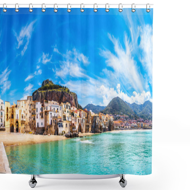 Personality  Cefalu, Medieval Town On Sicily Island, Italy. Seashore Village With Beach And Clear Turquoise Water Of Tyrrhenian Sea, Surrounded With Mountains. Popular Tourist Attraction In Province Of Palermo. Shower Curtains