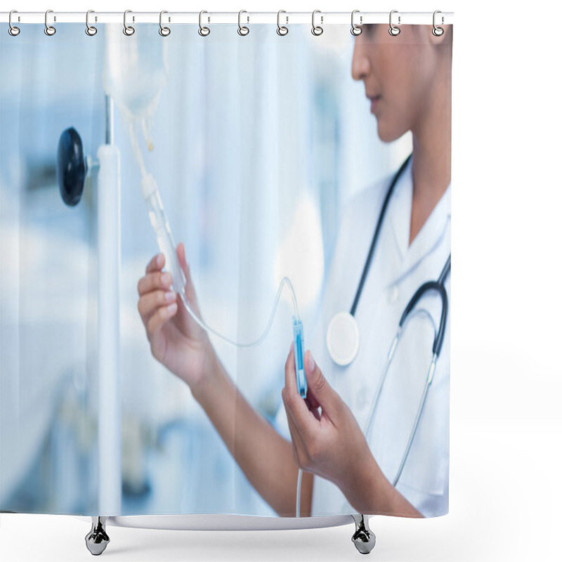 Personality  Nurse Connecting An Intravenous Drip Shower Curtains