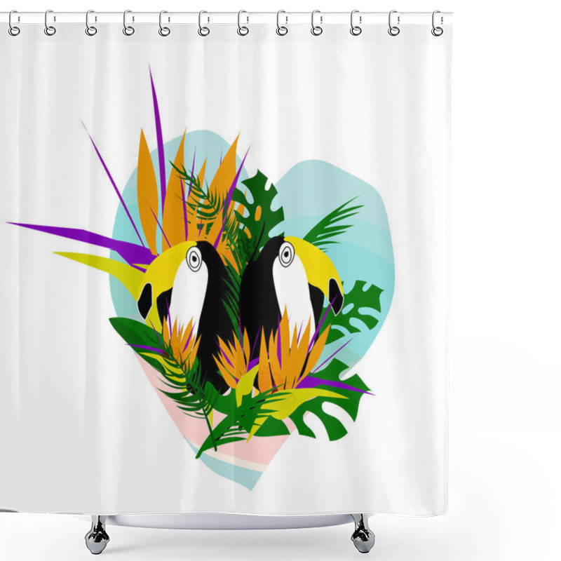 Personality  Cute Vector Collage With Toucan Bird, Strelizia Flower, Palm Leaves On Seascaped Shape Of Heart Background. Tropical Summer Illustration Shower Curtains