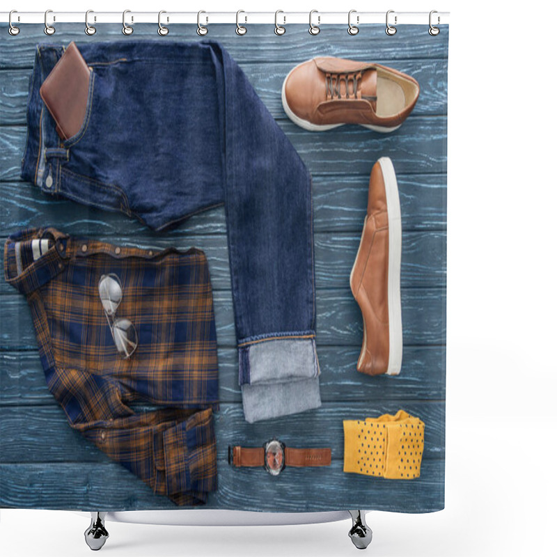 Personality  Top View Of Trendy Male Clothes, Shoes And Accessories On Wooden Background Shower Curtains