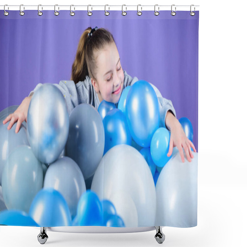 Personality  Girl Between Air Balloons. Birthday Party. Childrens Day. Carefree Childhood. All Those Balloons For Me. Happiness Positive Emotions. Obsessed With Air Balloons. Having Fun. Balloons Theme Party Shower Curtains