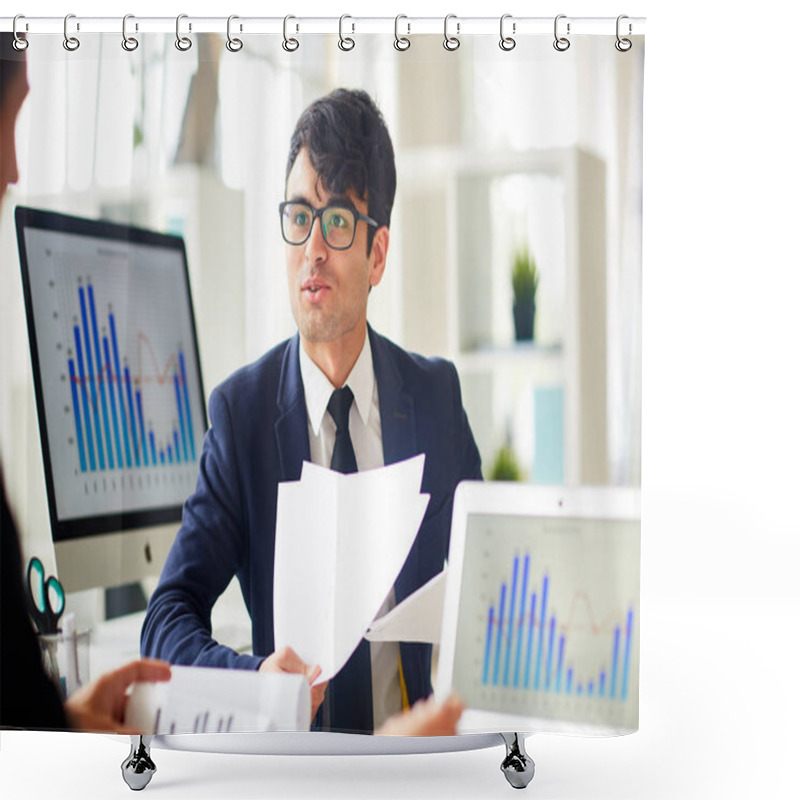 Personality  Young Economist Talking To Colleague And Explaining Financial Papers Shower Curtains