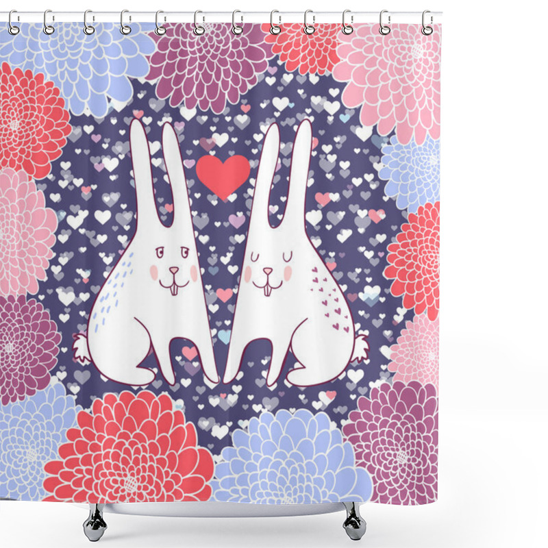 Personality  Cute Rabbits In Love With Flowers Shower Curtains