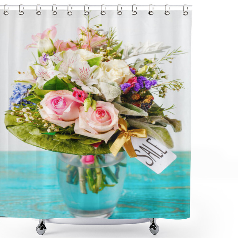 Personality  Photo Of Romantic Bouquet Of Pink Roses, Lilies, Green Leaves On Wooden Blue Table Shower Curtains